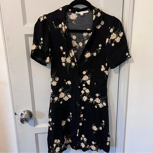 UO urban renewal black floral short sleeve button up mini dress Sz Small
